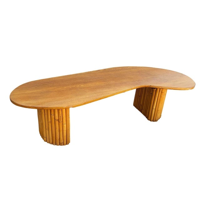 1950s Restored Rare Mid-Century Rattan and Mahogany Asymmetric "J" Coffee Table - 3