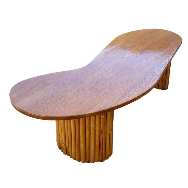 1950s Restored Rare Mid-Century Rattan and Mahogany Asymmetric "J" Coffee Table - 5