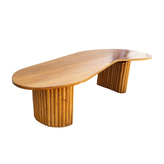 1950s Restored Rare Mid-Century Rattan and Mahogany Asymmetric "J" Coffee Table - 7