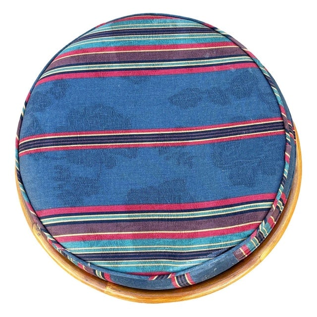 1950s Restored Rattan Footstool With Striped Jacquard Navy Cushion - 2