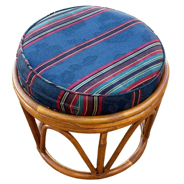 1950s Restored Rattan Footstool With Striped Jacquard Navy Cushion - 4