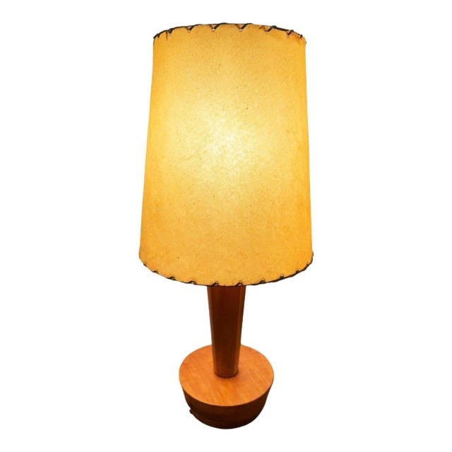 1950s Yasha Heifetz Style Geometric Mid-Century Oak Table Lamps W Whipple Stitch Shade (1 of 8)