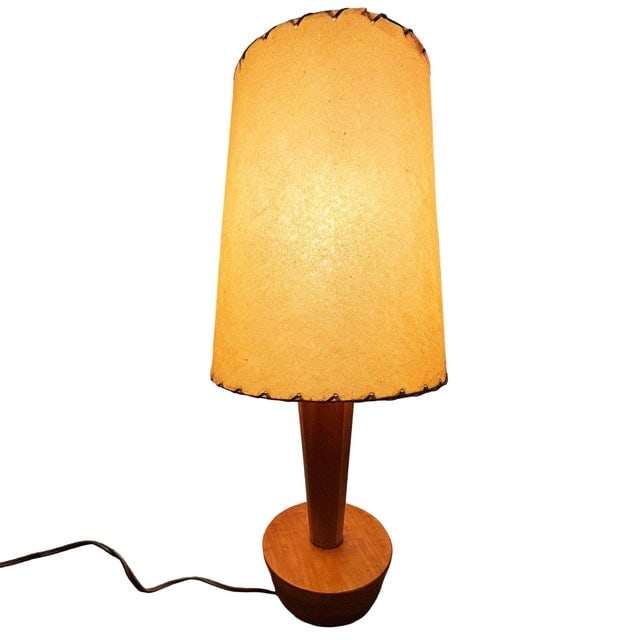 1950s Yasha Heifetz Style Geometric Mid-Century Oak Table Lamps W Whipple Stitch Shade - 2
