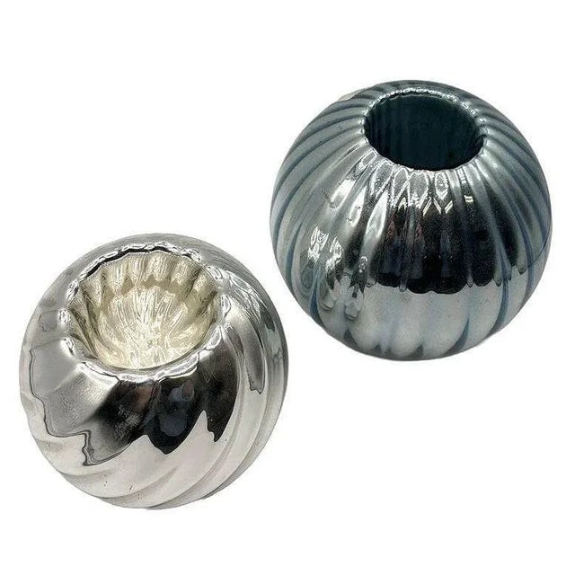 1930s Czechoslovakian Art Deco Cobalt Mercury Glass Round Ball Candlestick Holders , Pair - 3