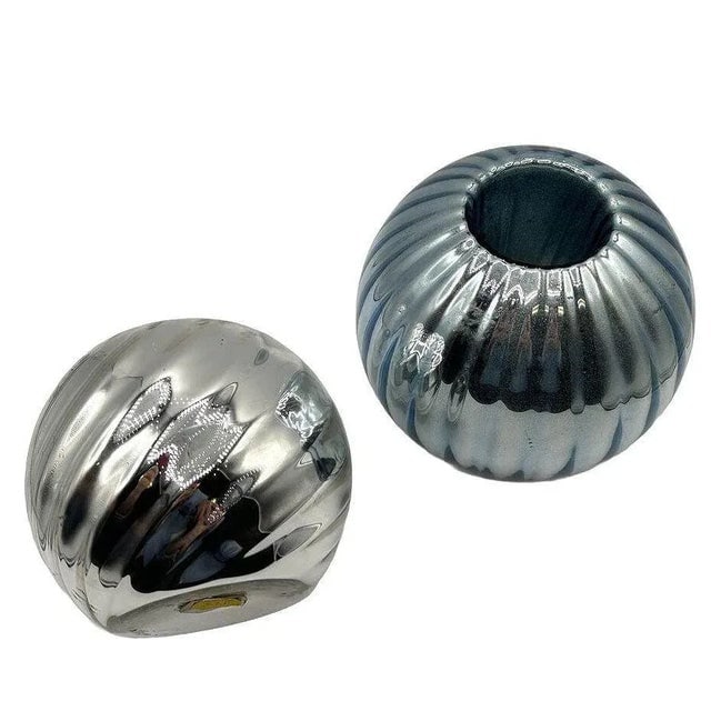 1930s Czechoslovakian Art Deco Cobalt Mercury Glass Round Ball Candlestick Holders , Pair - 4