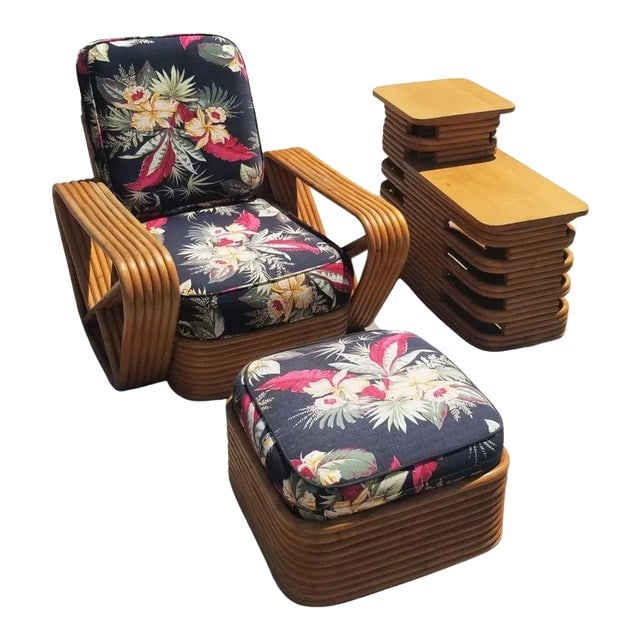 Restored Rattan 6 Strand Square Pretzel Lounge Chair Living Room Set - 3 Pieces: Title: Restored Rattan 6 Strand Square Pretzel Lounge Chair Living Room Set - 3 Pieces Description: Restored rattan 6-Strand square pretzel lounge chair with black tropical barkcloth cushions with mat