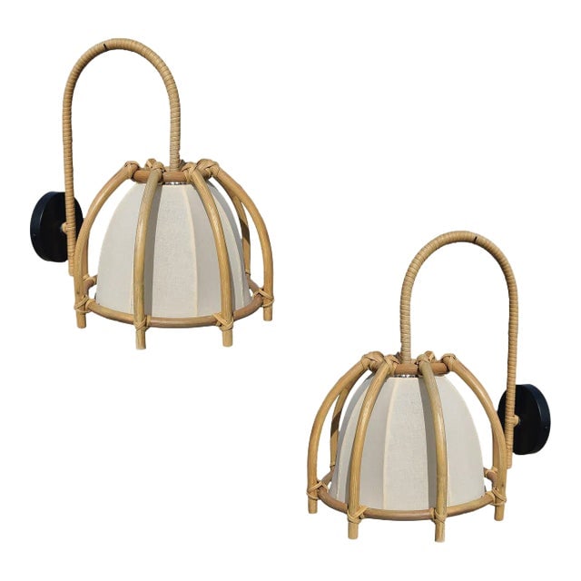 Natural Finish Rattan Skeleton Shade Wall Sconce, Pair (1 of 7)