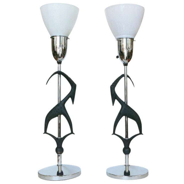Mid-Century Gazelle Table Lamps, Pair by Rembrandt: Title: Mid-Century Gazelle Table Lamps, Pair by Rembrandt Description: This vintage pair of French style, Mid-Century chrome, and iron gazelle table lamps were made by the Rembrandt company, circa 195