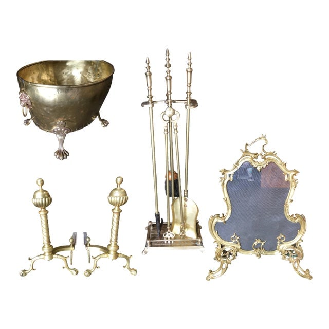 Art Nouveau Brass Fireplace Tool Set, Screen, Andiron, & Log Bucket Set - Set of 8 (1 of 9)