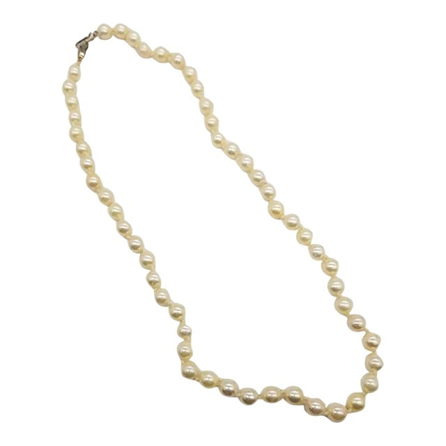 Mid-Century South Sea Roud Pearl Choker Necklace on Silk Cord W/ Silver Clasp: Title: Mid-Century South Sea Roud Pearl Choker Necklace on Silk Cord W/ Silver Clasp Description: An emblem of mid-century grace, this South Sea light golden tone sea water pearl choker necklace is a