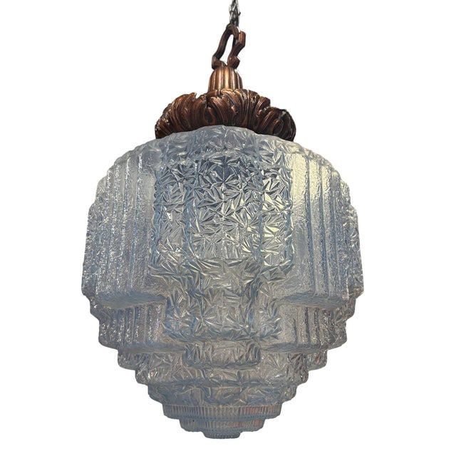 Art Deco Copper Acanthus Leaf Pendant Light W Skyscraper Cobalt Blue Glass Shade - 2