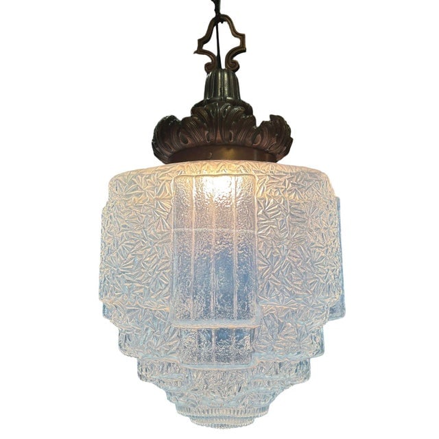 Art Deco Copper Acanthus Leaf Pendant Light W Skyscraper Cobalt Blue Glass Shade - 4