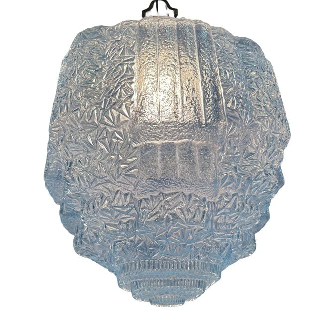 Art Deco Copper Acanthus Leaf Pendant Light W Skyscraper Cobalt Blue Glass Shade - 5