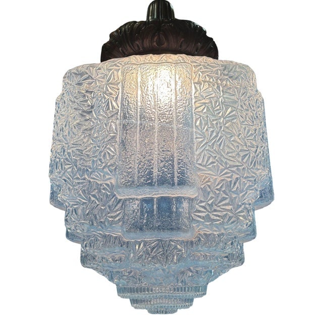 Art Deco Copper Acanthus Leaf Pendant Light W Skyscraper Cobalt Blue Glass Shade - 8