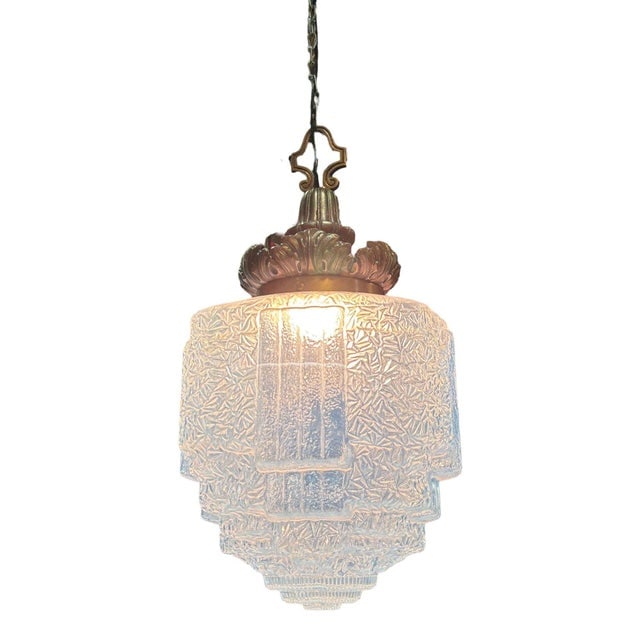 Art Deco Copper Acanthus Leaf Pendant Light W Skyscraper Cobalt Blue Glass Shade - 9
