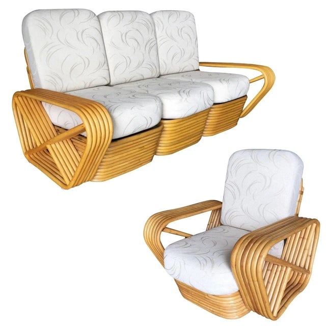 Restored Six-Strand Square Pretzel Rattan Sofa and Lounge Chair Set - 2