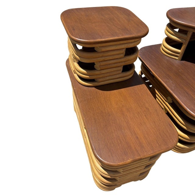 Mid-Century Two-Tier Stacked Rattan & Mahogany Coastal Side & Corner Table Set - 3