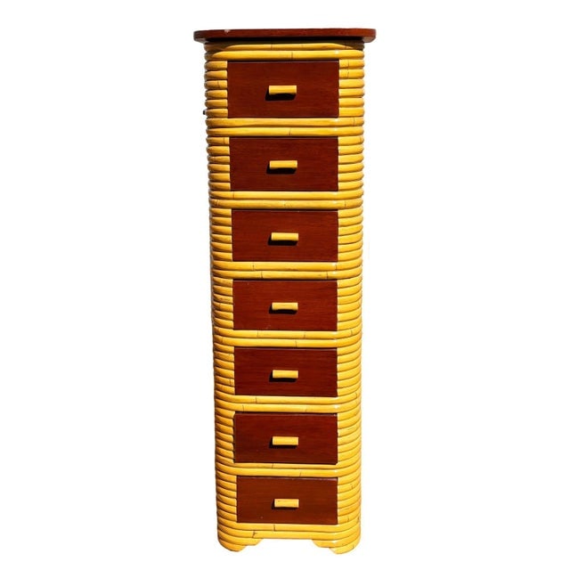 1930s Restored Paul Frankl Style Stacked Rattan & Mahogany Petite Chest of 7 Drawers - 2