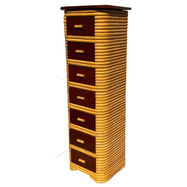 1930s Restored Paul Frankl Style Stacked Rattan & Mahogany Petite Chest of 7 Drawers - 3