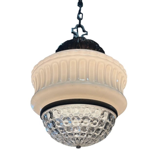 Art Deco Copper Acanthus Leaf Pendant Light W/ Crystal & Milk Glass Acorn Shade - 5