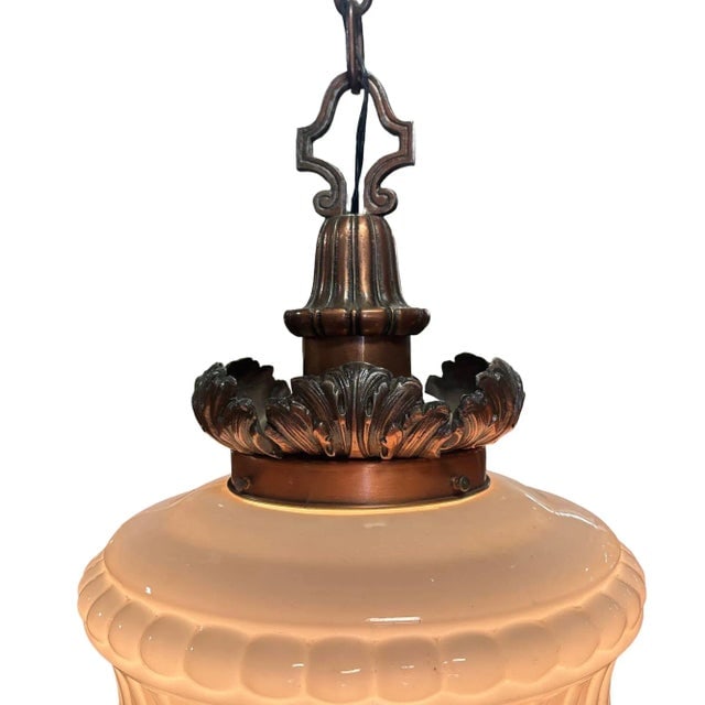 Art Deco Copper Acanthus Leaf Pendant Light W/ Crystal & Milk Glass Acorn Shade - 8