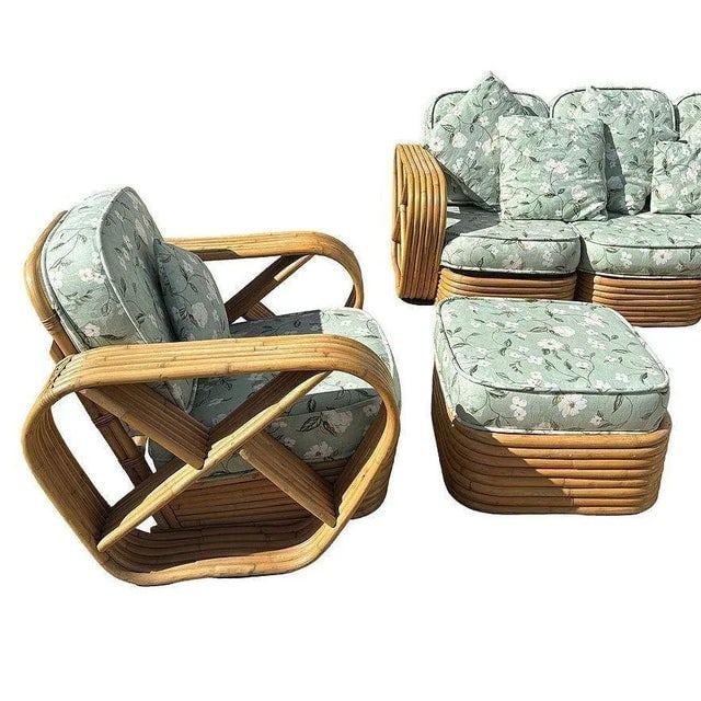 1950s Rattan Mid-Century Six-Strand Square Pretzel Sofa & Lounge Chair Set, 5 Pieces - 5