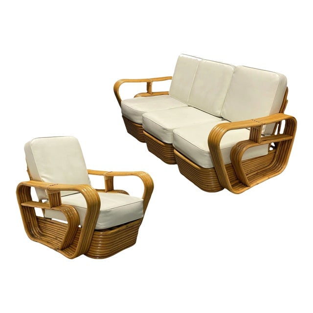 Restored 1950s 5-Strand Rattan "Double-Speed" Arm Sofa & Lounge Chair Living Room Set: Title: Restored 1950s 5-Strand Rattan "Double-Speed" Arm Sofa & Lounge Chair Living Room Set Description: This restored Mid-century rattan living room set includes a five-strand "double-speed" arm sof