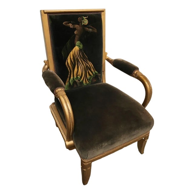Vintage Velvet Upholstered Gorgeous Armchair With a Painted Dancer on the Back. (1 of 9)