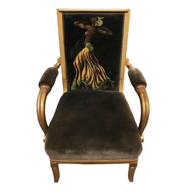 Vintage Velvet Upholstered Gorgeous Armchair With a Painted Dancer on the Back. - 2