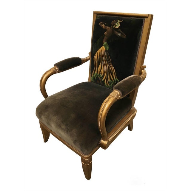 Vintage Velvet Upholstered Gorgeous Armchair With a Painted Dancer on the Back. - 3
