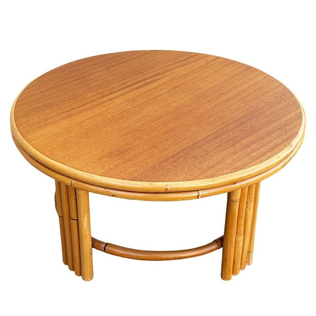 1940s Restored Mid-Century O-Base Round Costal Rattan End Table W/ Mahogany Top - 3