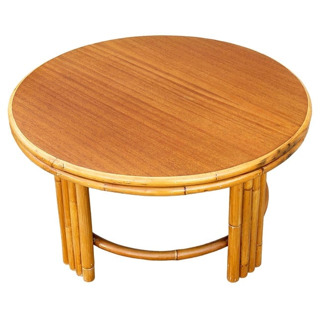 1940s Restored Mid-Century O-Base Round Costal Rattan End Table W/ Mahogany Top - 4