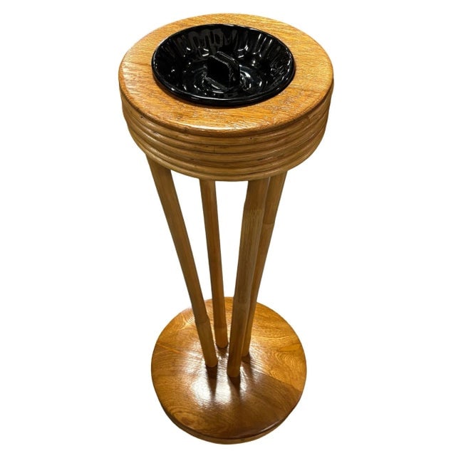 1940s Restored Rattan and Mahogany Standing Ashtray - 3