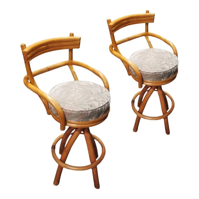 Restored Rattan Pair of Two Stacked Back Bar Stools W/ Botanical Fabric Seats (1 of 5)