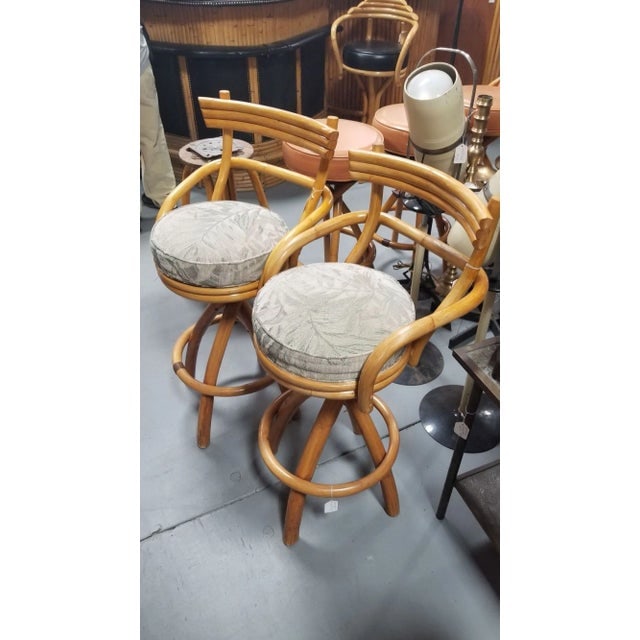 Restored Rattan Pair of Two Stacked Back Bar Stools W/ Botanical Fabric Seats - 2