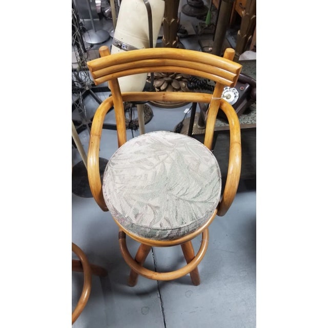 Restored Rattan Pair of Two Stacked Back Bar Stools W/ Botanical Fabric Seats - 3