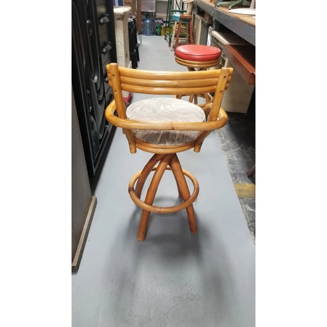 Restored Rattan Pair of Two Stacked Back Bar Stools W/ Botanical Fabric Seats - 4