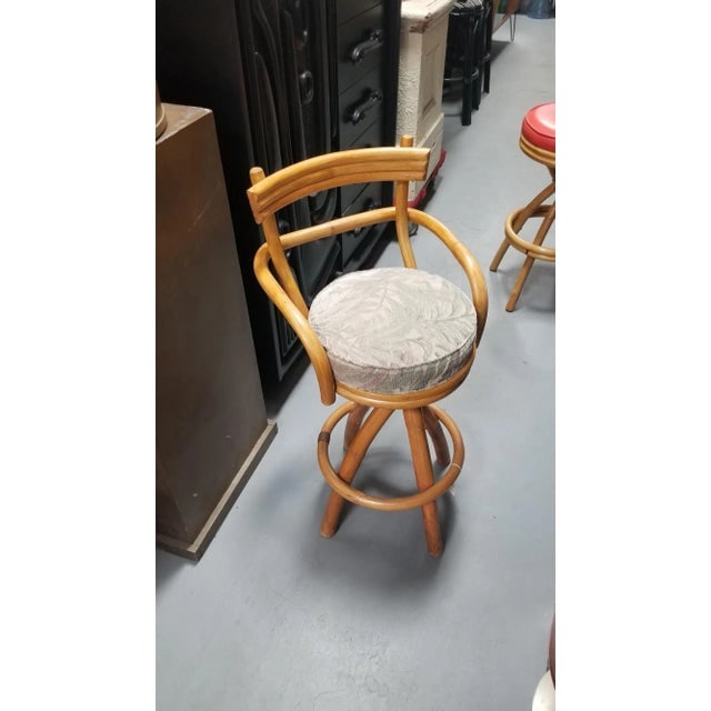 Restored Rattan Pair of Two Stacked Back Bar Stools W/ Botanical Fabric Seats - 5