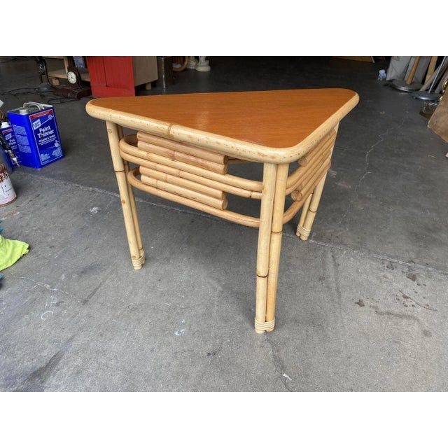 1950s Restored Stacked Rattan Corner Side Table With Mahogany Tabletop - 2