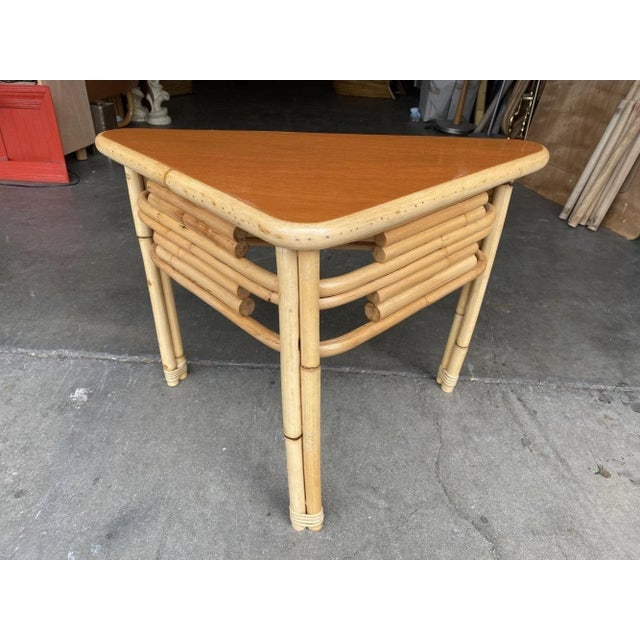 1950s Restored Stacked Rattan Corner Side Table With Mahogany Tabletop - 3