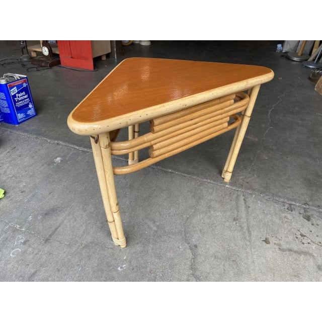 1950s Restored Stacked Rattan Corner Side Table With Mahogany Tabletop - 4