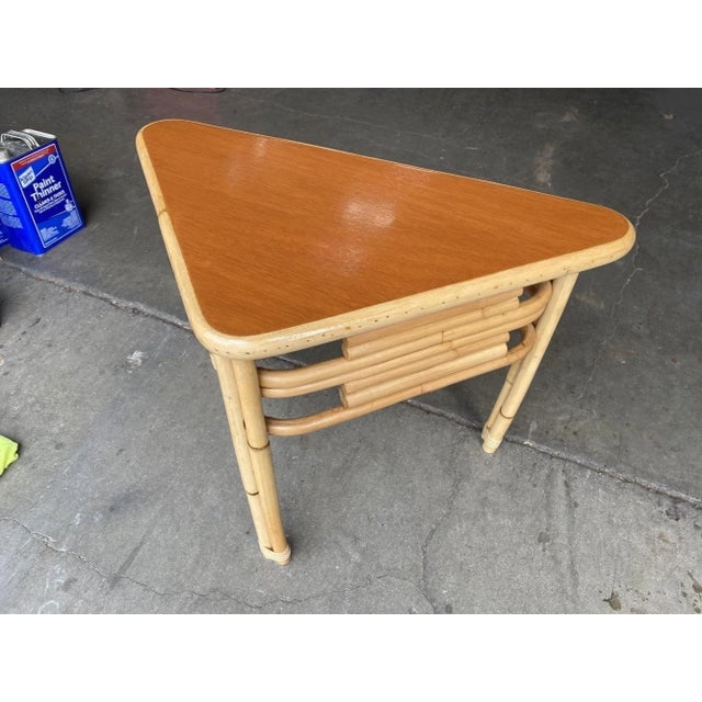 1950s Restored Stacked Rattan Corner Side Table With Mahogany Tabletop - 5