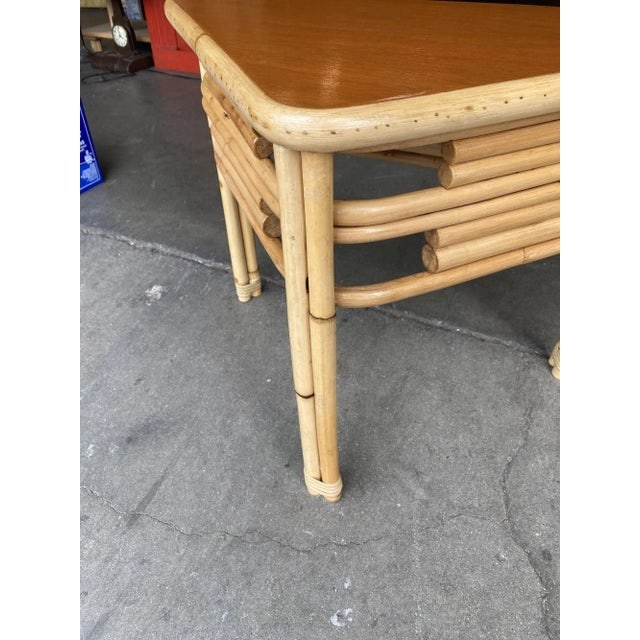 1950s Restored Stacked Rattan Corner Side Table With Mahogany Tabletop - 7