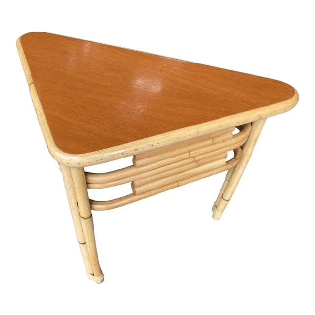 1950s Restored Stacked Rattan Corner Side Table With Mahogany Tabletop - 8