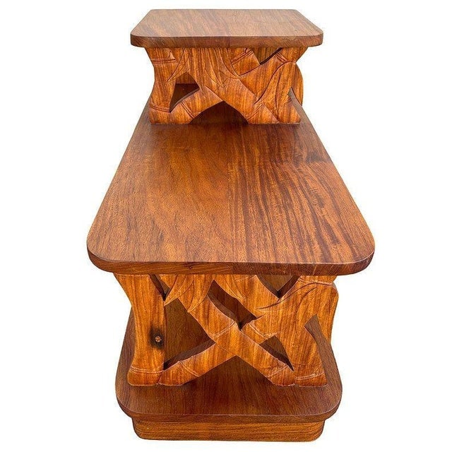 1940s Restored Hand Carved Koa Wood 3 Tiered Side Lamp Table W/ Bamboo Motif - 2