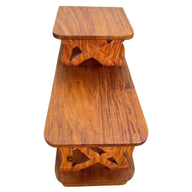 1940s Restored Hand Carved Koa Wood 3 Tiered Side Lamp Table W/ Bamboo Motif - 3