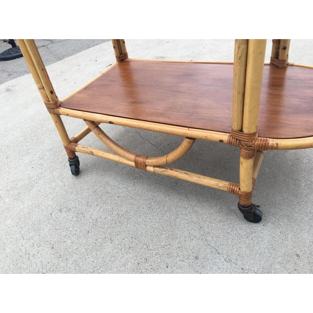 Restored Vintage Two-Tier Rattan and Mahogany Tombstone Bar Cart - 2