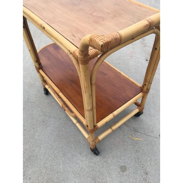 Restored Vintage Two-Tier Rattan and Mahogany Tombstone Bar Cart - 3