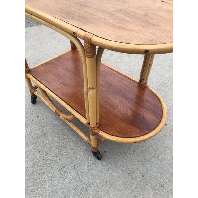 Restored Vintage Two-Tier Rattan and Mahogany Tombstone Bar Cart - 6