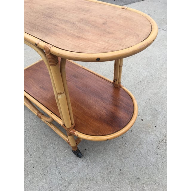 Restored Vintage Two-Tier Rattan and Mahogany Tombstone Bar Cart - 7